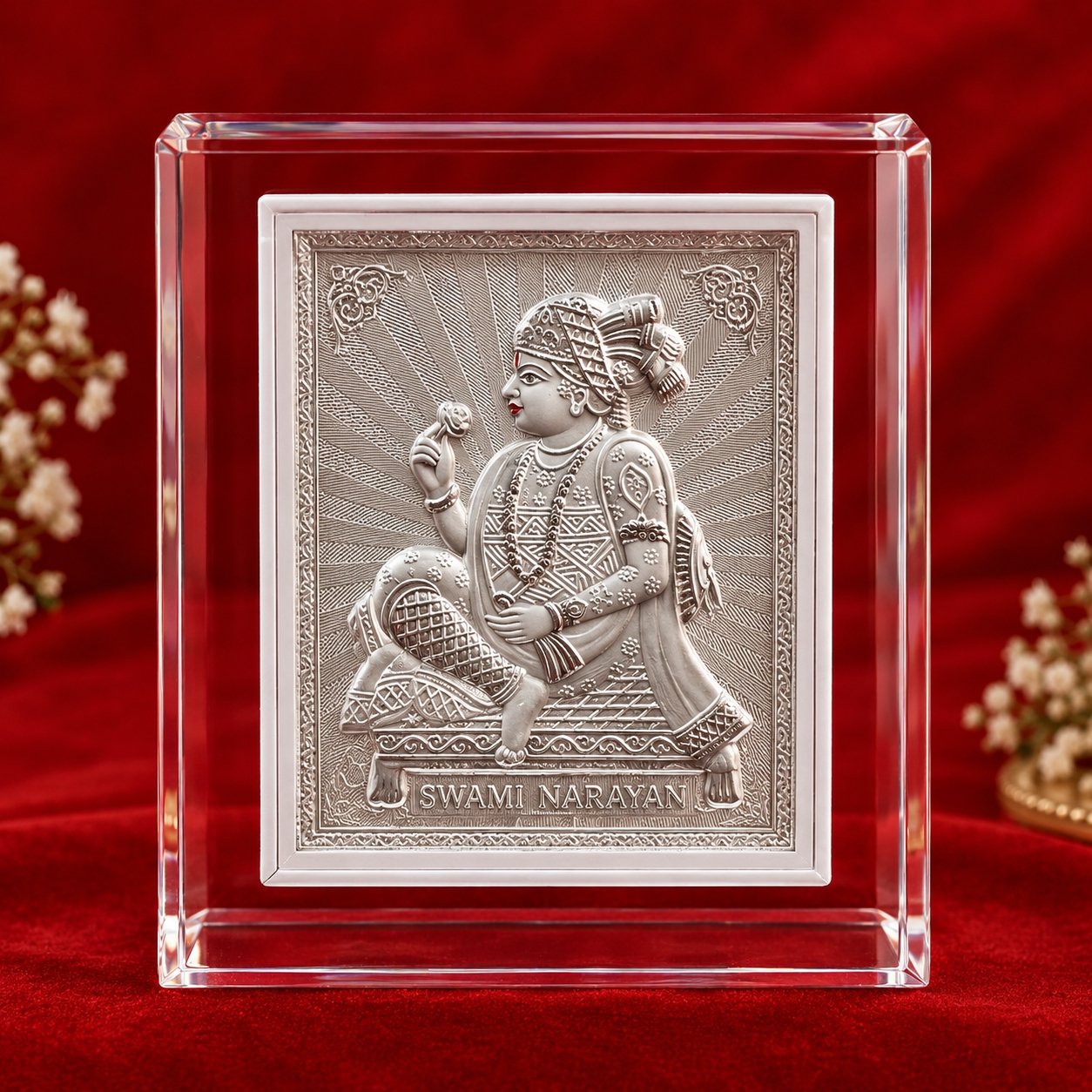 Swami Narayan Silver-Tone Embossed Plaque – Premium Crystal Frame Religious Showpiece
