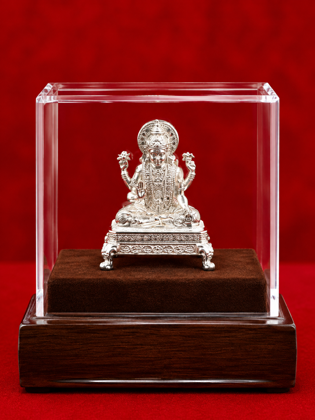 Divine Silver Lakshmi Idol with Crystal Glass Case – Premium Traditional Decorative Showpiece
