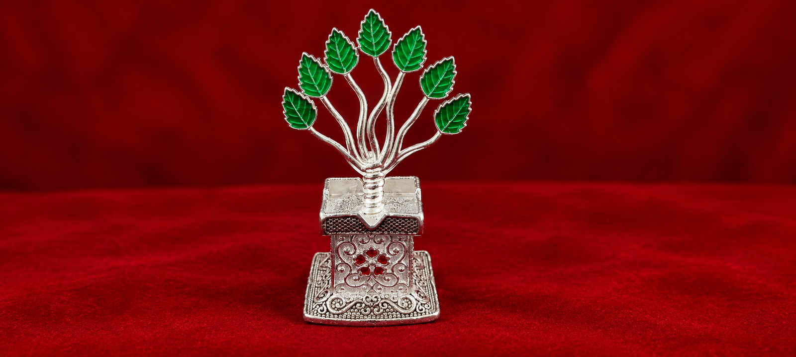 Royal Silver Tree of Life Showpiece – Green Enamel Leaves with Ornate Decorative Base
