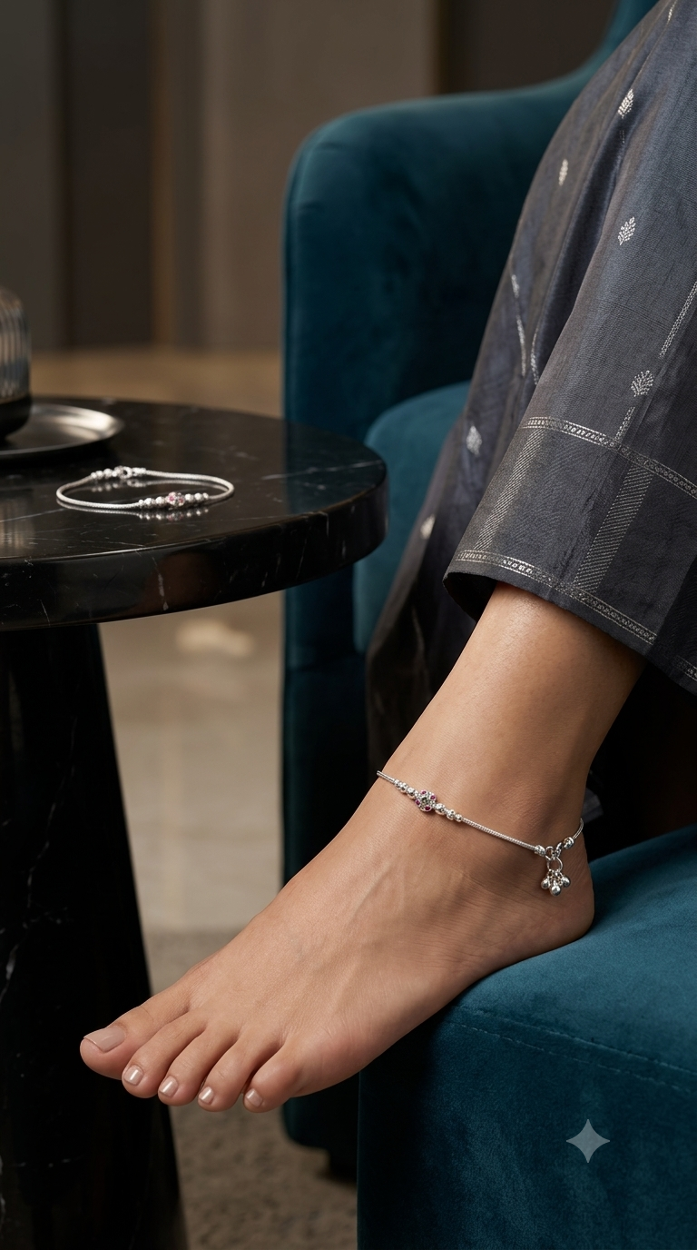 Rose Blossom Silver Payal– Elegant Crystal Charm Payal