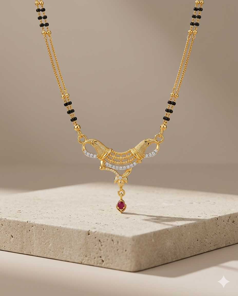 Royal Swan Elegance Gold-Plated Mangalsutra Necklace with Ruby Drop