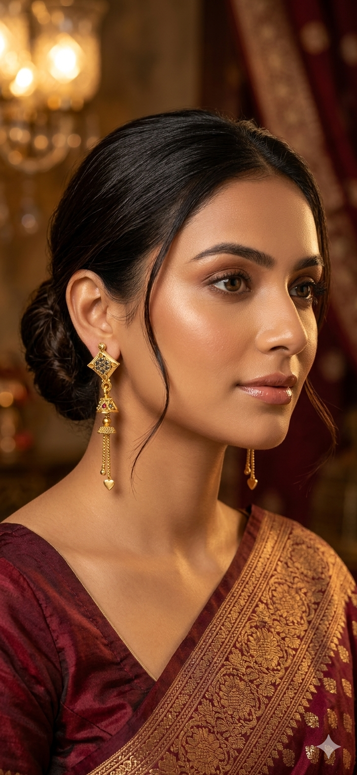 Royal Charm Jhumka Drop Earrings with Heart Tassels – Gold Finish