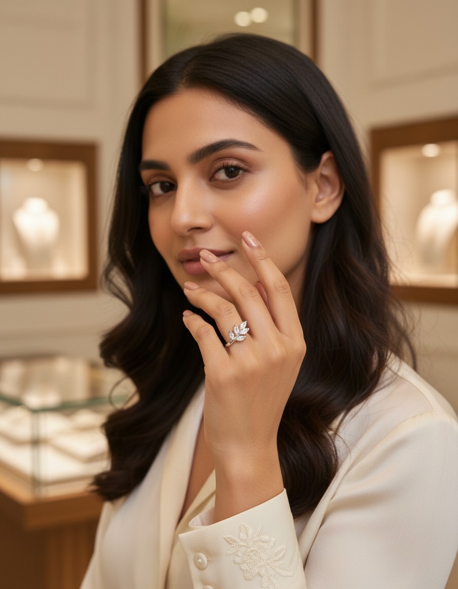 Elegant Leaf Design American Diamond Statement Ring