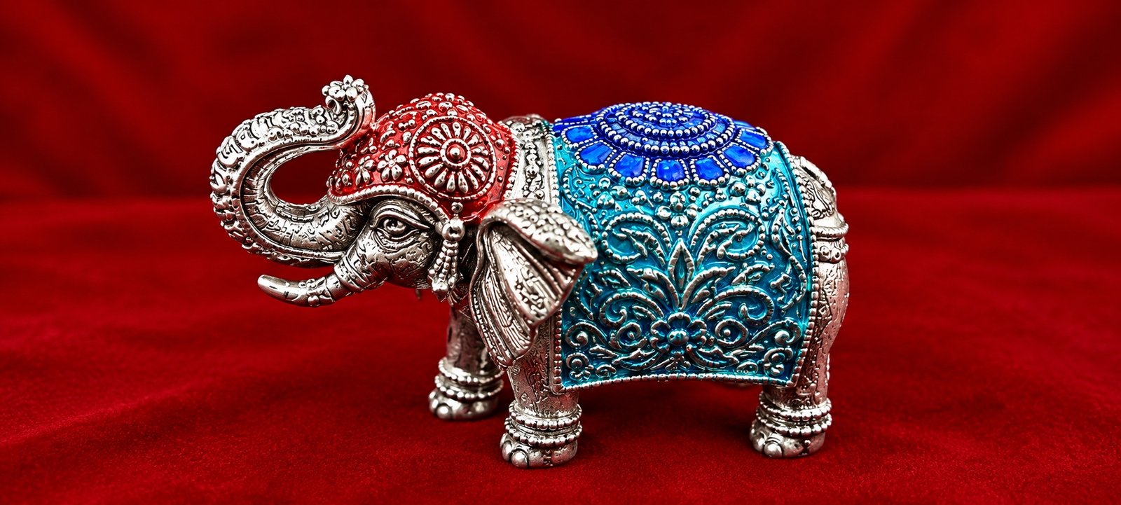 Royal Silver Elephant Showpiece – Intricate Blue & Red Enamel Traditional Décor