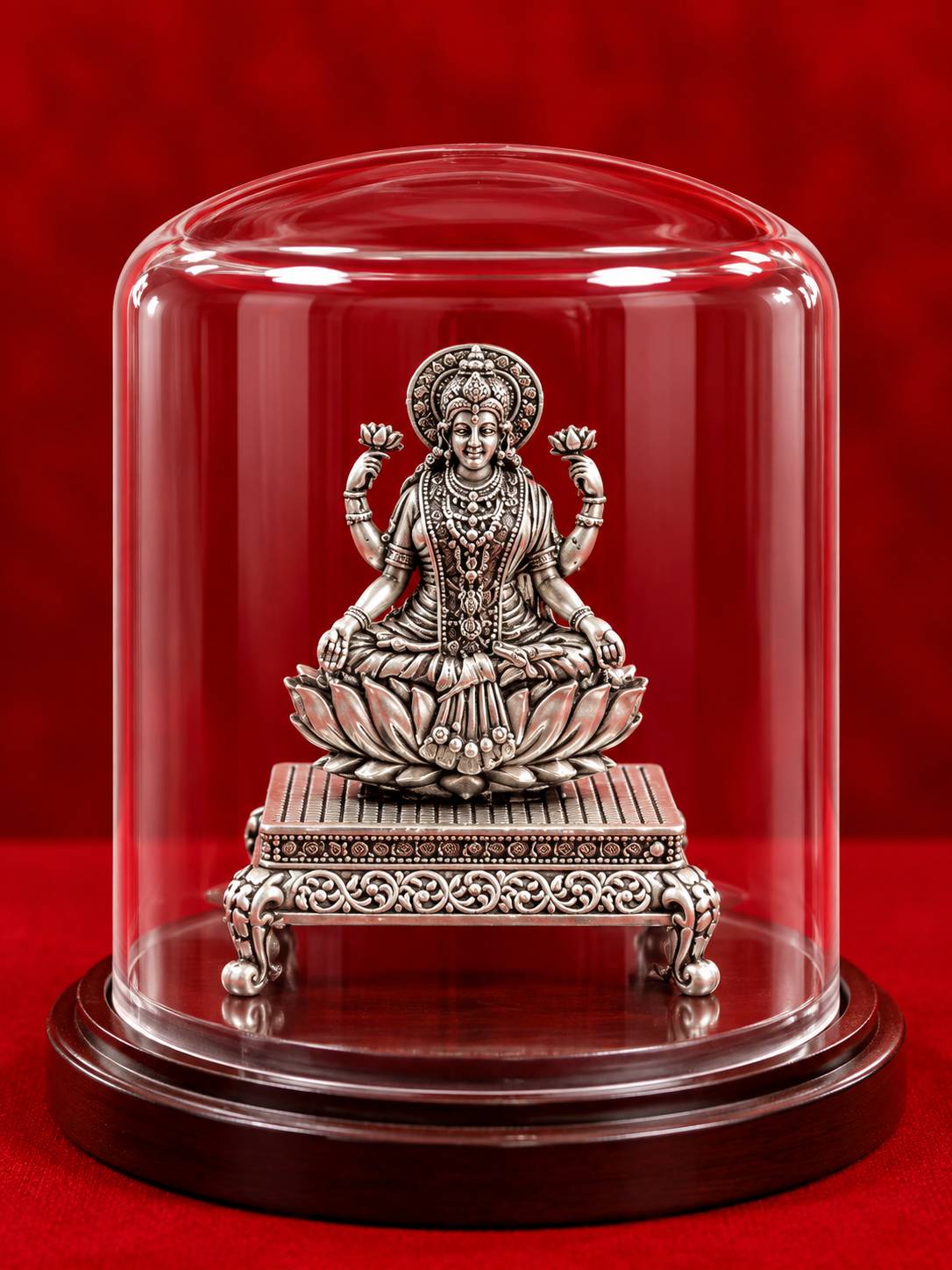 Divine Silver Lakshmi Idol with Glass Dome – Premium Traditional Blessing Showpiece