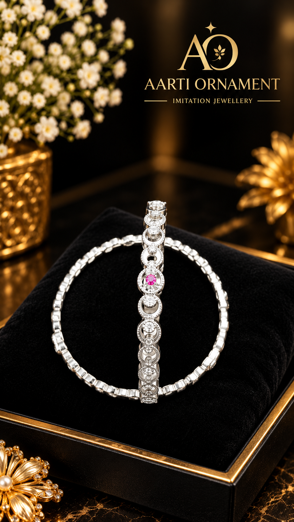 Royal Pink Stone Silver-Tone Designer Bangle