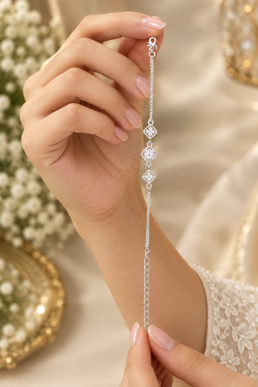 Elegant Floral Diamond-Cut Silver Bracelet