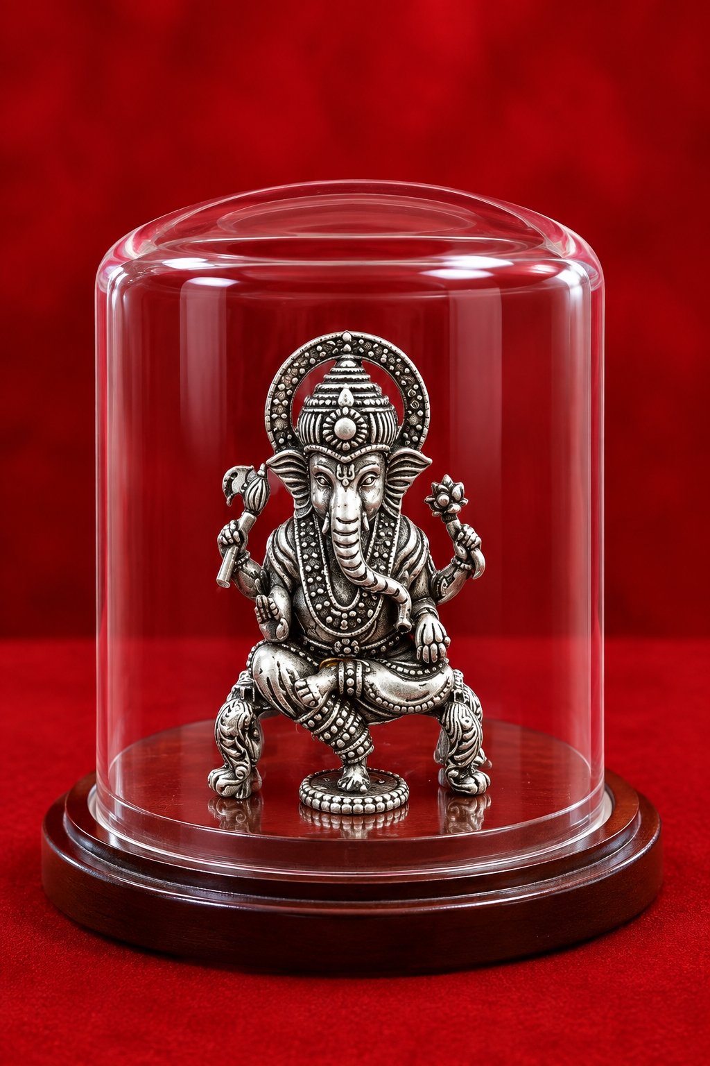 Divine Antique Silver Ganesha Idol with Luxury Glass Dome