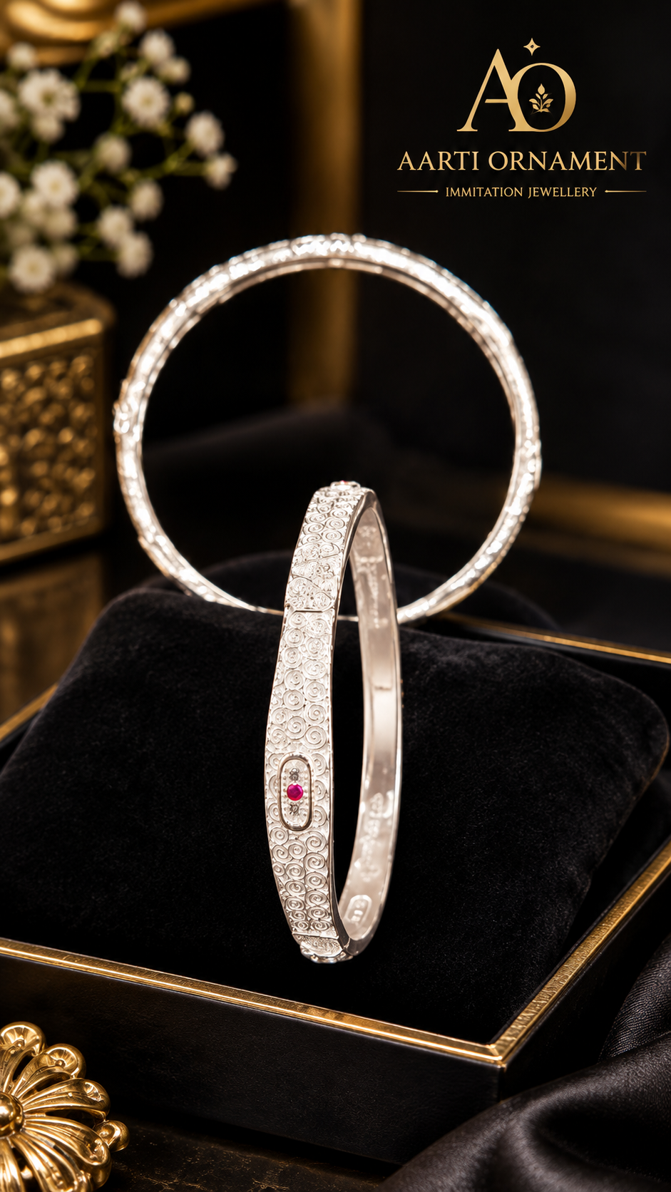 Elegant Swirl Engraved Silver-Tone Designer Bangle with Stone