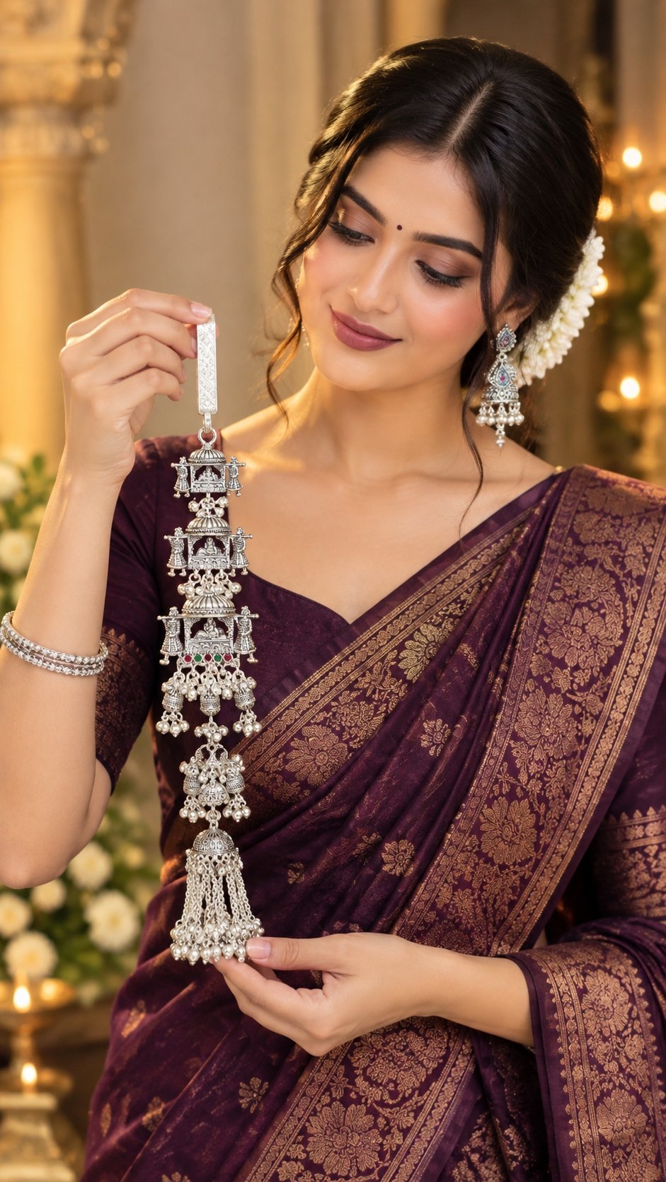 Royal Temple Art Oxidized Silver Saree Latkan Dulhan 3 pcs Juda